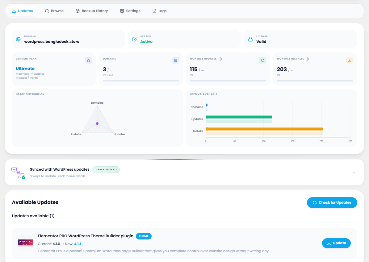 Update logs table showing action timestamps, status and messages